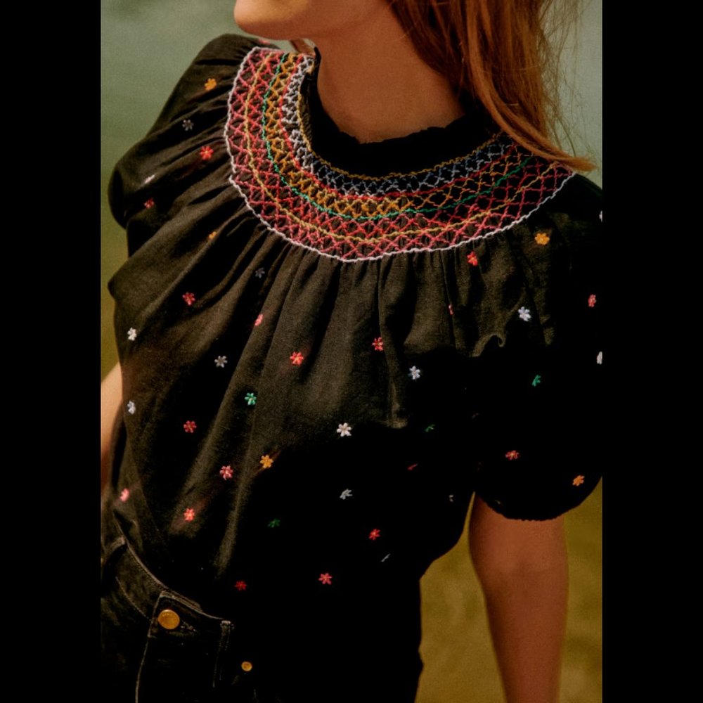 Sezane Black Dakota Embroidered Ruffled Yoke Blouse with Multicolor Flowers